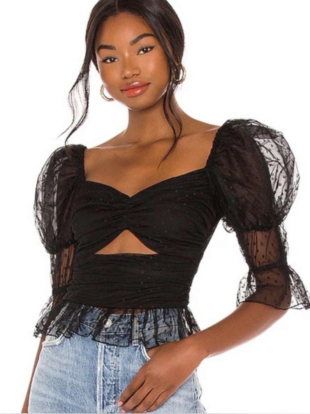 LPA Dolores Top in Black, a swiss-dot mesh puff-sleeve crop top